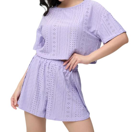 Летний комплект пижамы из 2 предметов для женщин: кроп-топ с коротким рукавом с прорезями и шорты с разрезом. Повседневный комплект для отдыха и сна.