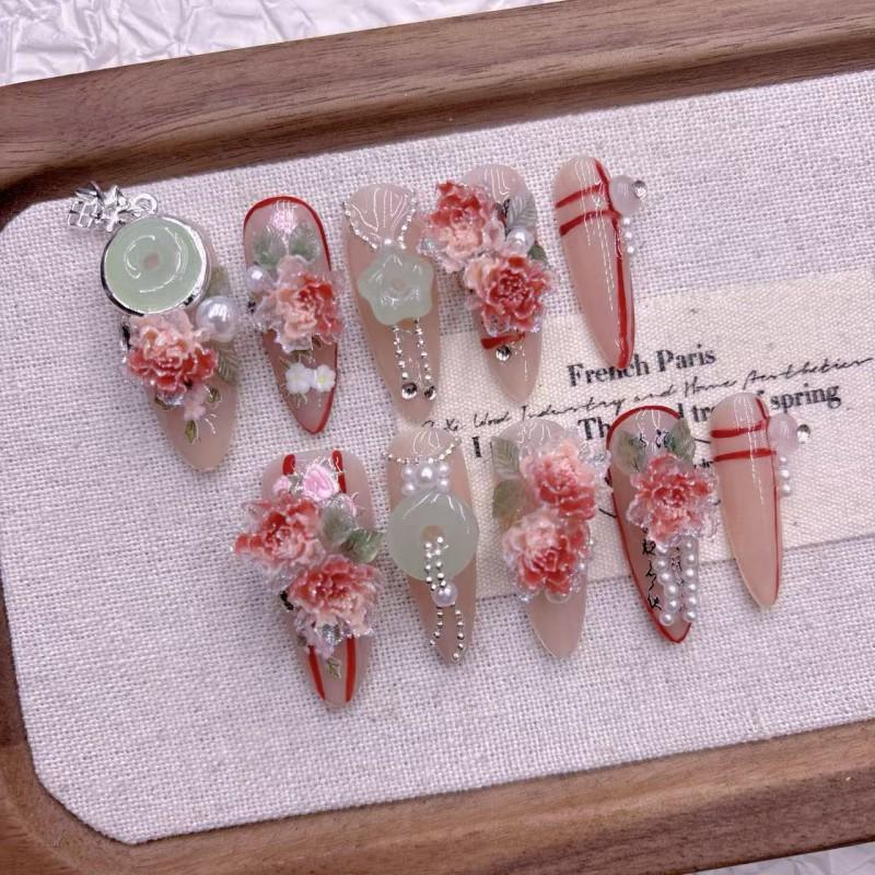 Handmade Gradient Pink Chinese Style Peony Nail Tips Medium Length Premium Acrylic Press-On Nails Women