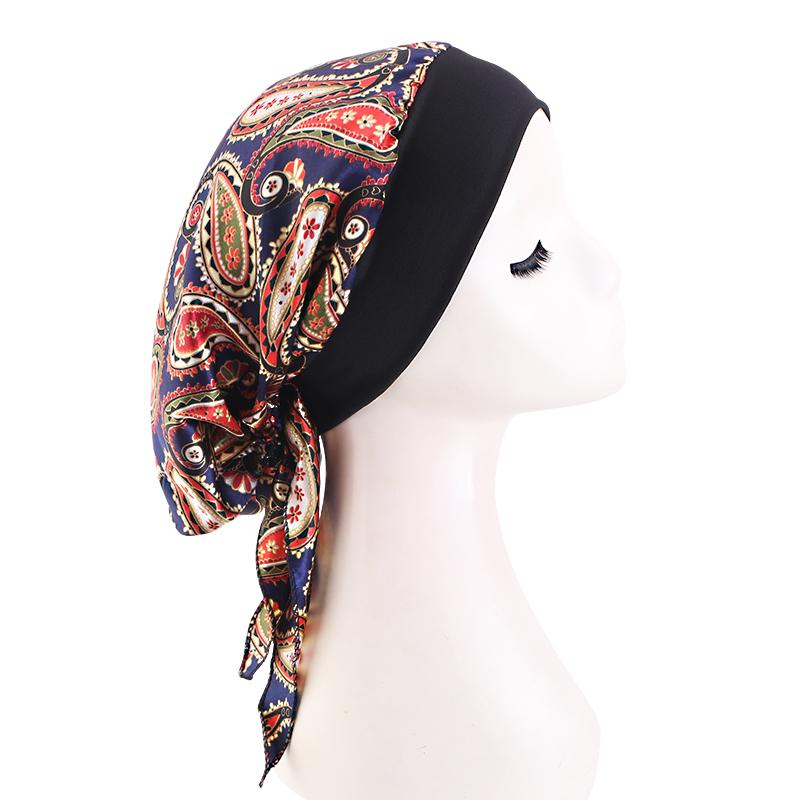 Women Satin Printed Turban Hat Stretch Wide-brimmed Nightcap Fashion Pre-tie Turban Wrap Head Cap Casual Durag Pirate Hat