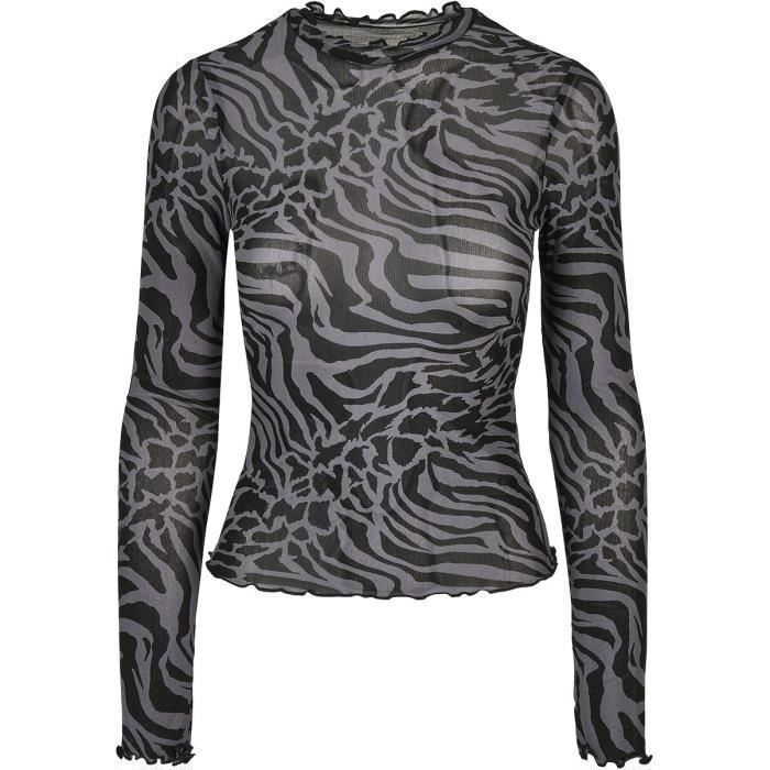 T-shirt Femme - Urban Classics - AOP Mesh Turtleneck Longsleeve - Gris/Noir - Manches Longues - Col Montant