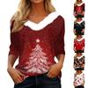 Women's T Shirt Tee Christmas Print Shirt Three Quarter Sleeve Party Christmas Fleece Collar V Neck  Top