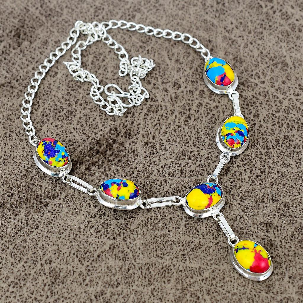 Mosaic Jasper Gemstone Handmade 925 Sterling Silver Jewelry Necklace 18" KKG-406