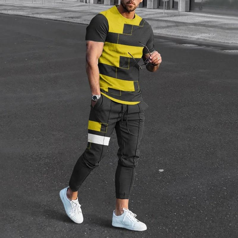 Летняя мужская футболка, длинные брюки, спортивный костюм, футболки с геометрическим 3D принтом, комплект брюк, комплект из 2 предметов, уличная одежда, костюмы больших размеров, спортивная одежда