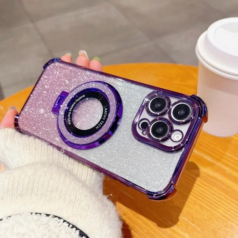 Luxury Glitter Holder Bracket Case For iPhone 17 Air 16 15 14 13 12 11 Pro Max 16 Plus Stand Shockproof Clear Soft Back Cover