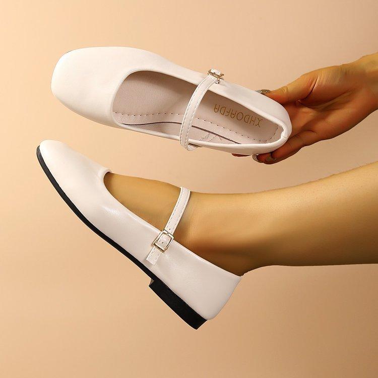 Shallow Single Shoes Women's Spring and Summer Retro Buckle Low Heels Literary Square Head Soft Leather Mary Jane Shoes