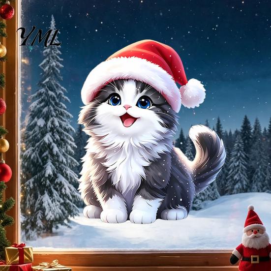 Festive Home Accents Christmas Cat Window Sticker, Cute Kitten Static Cling, Removable Reusable Clings Waterproof Holiday PVC Decal for Living