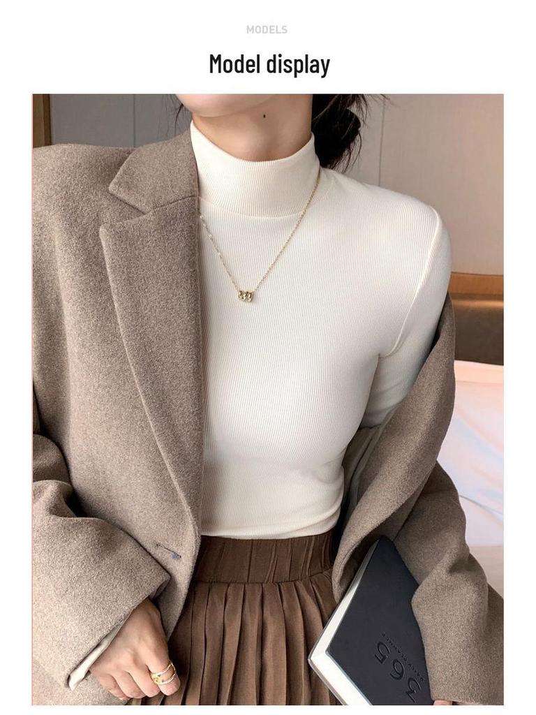 Элегантная женская трикотажная рубашка с полувысоким воротом - Легкая роскошь, с длинными рукавами и тонкая для осени/весны.