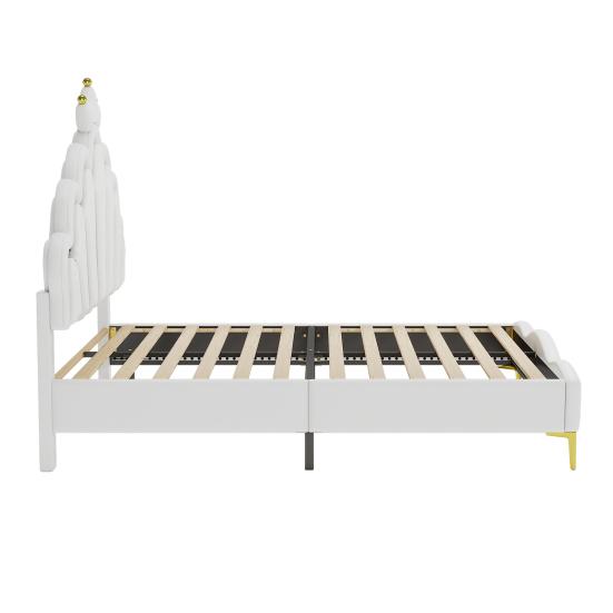 Flat Bed 140x200cm Double Bed, Crown-Shaped Princess Soft Upholstery Made of Faux Leather, Adjustable LED Ambient Light Strip, White Upholstered