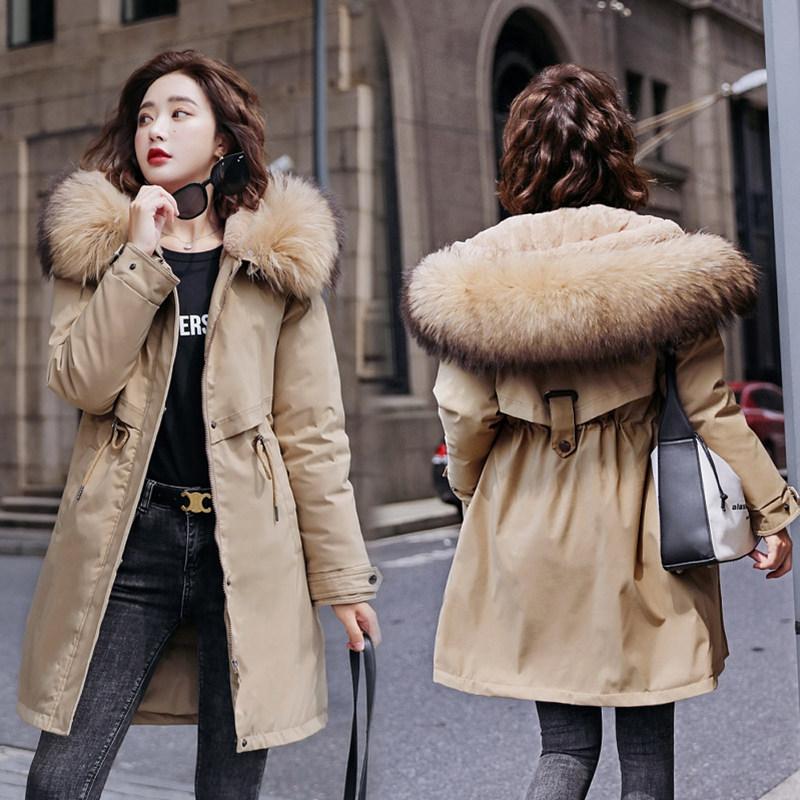 Women Fall Winter Jacket Coat Parka Thicken Cotton Liner Medium Long Hooded Fur Collar Adjustable Waist Solid Color M-6XL