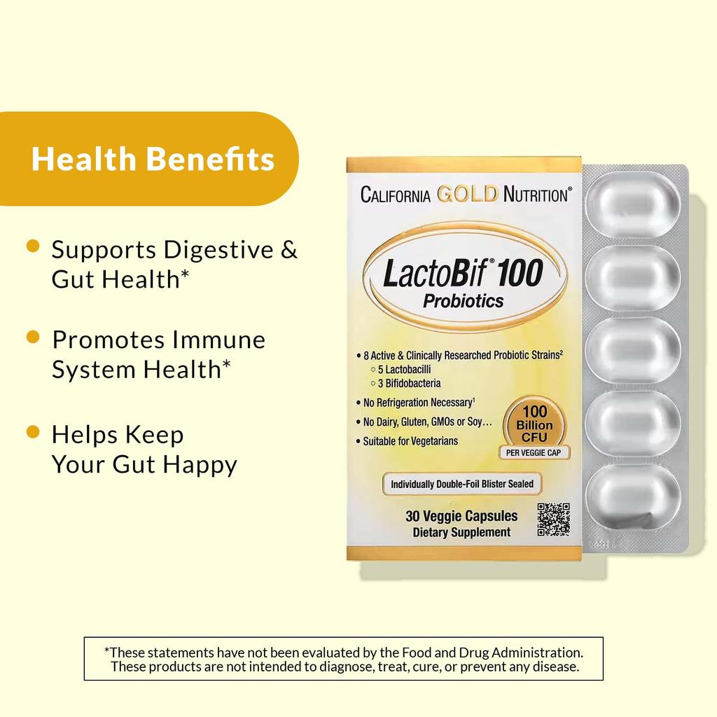 California Gold Nutrition Пробиотик LactoBif® 100, 100 миллиардов КОЕ, 30 вегетарианских капсул