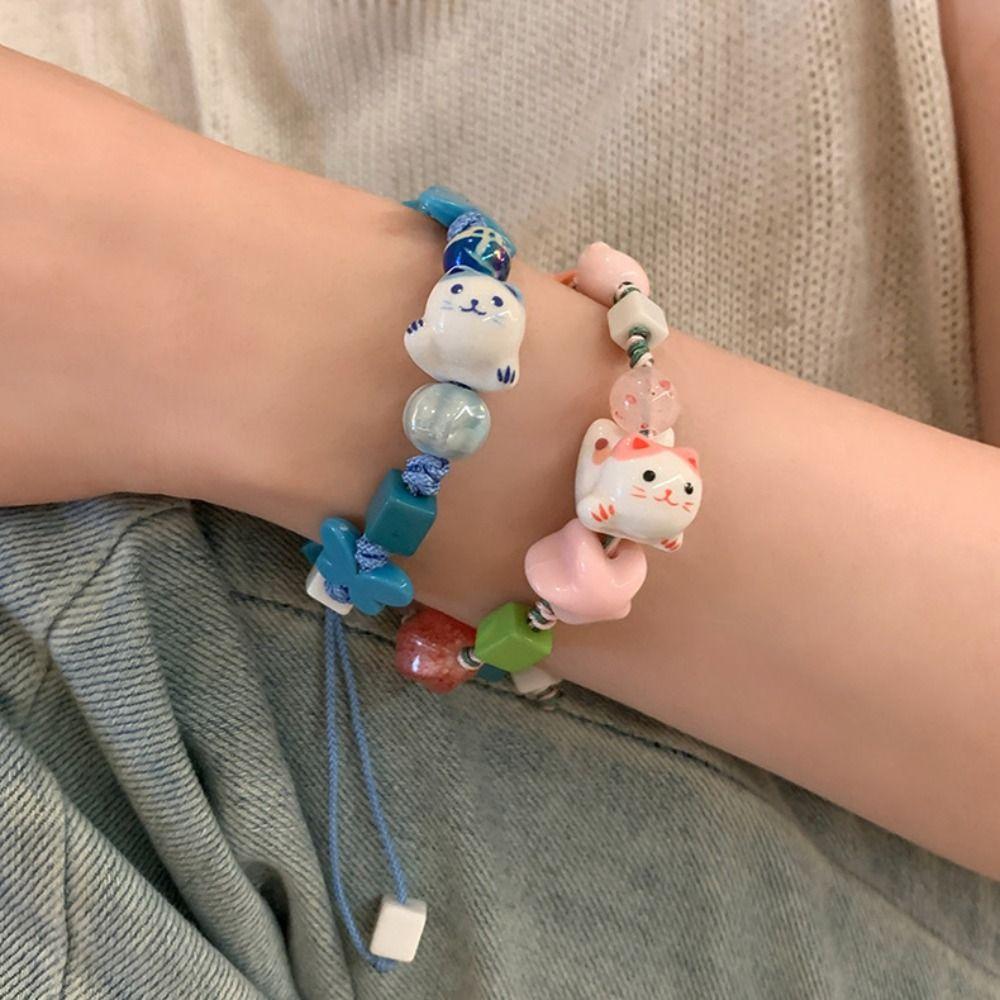 Handmade Maneki Neko Bracelet Korean Style Cat Bead Bracelet Ceramic Cat Bracelet Women