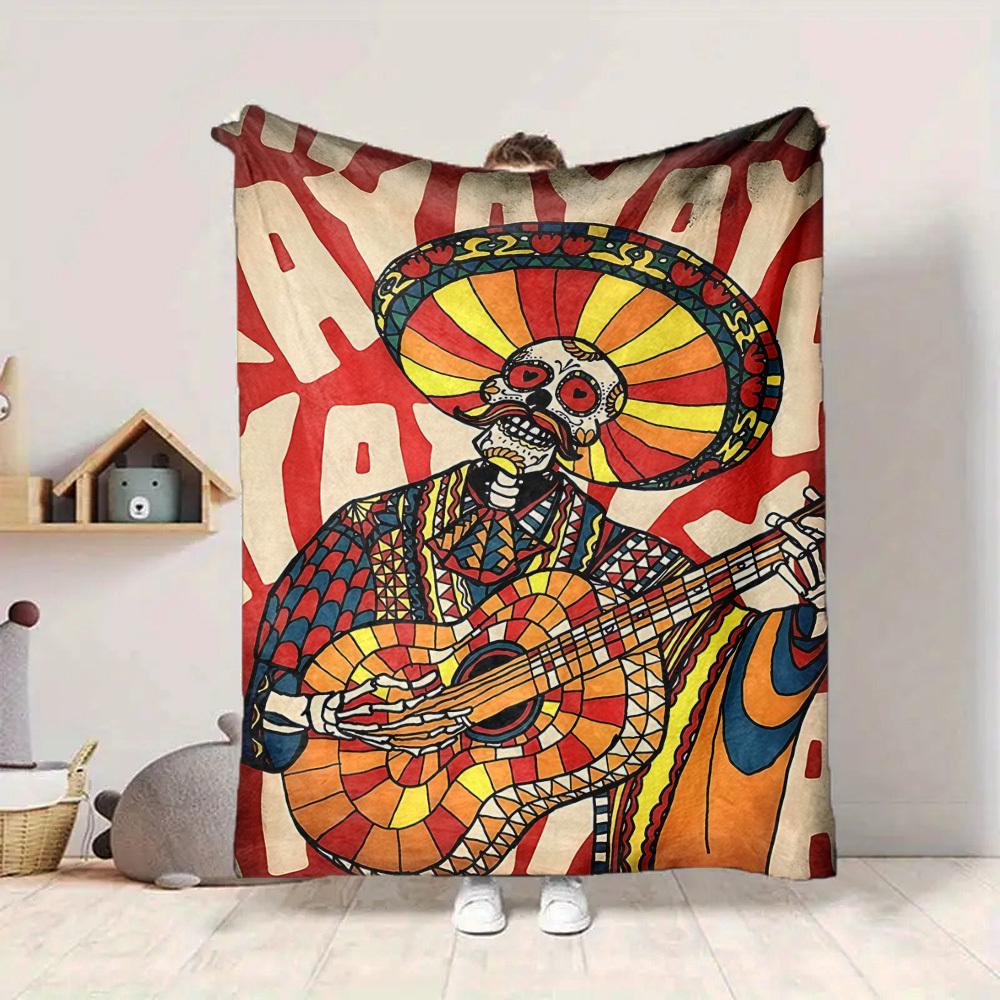 1pc Day of the Dead Guitarist Blanket, Lightweight Flannel Throw Blanket for Sofa, Bed, Travel, Camping, Living Room, Office, Couch, Chair, and Bed