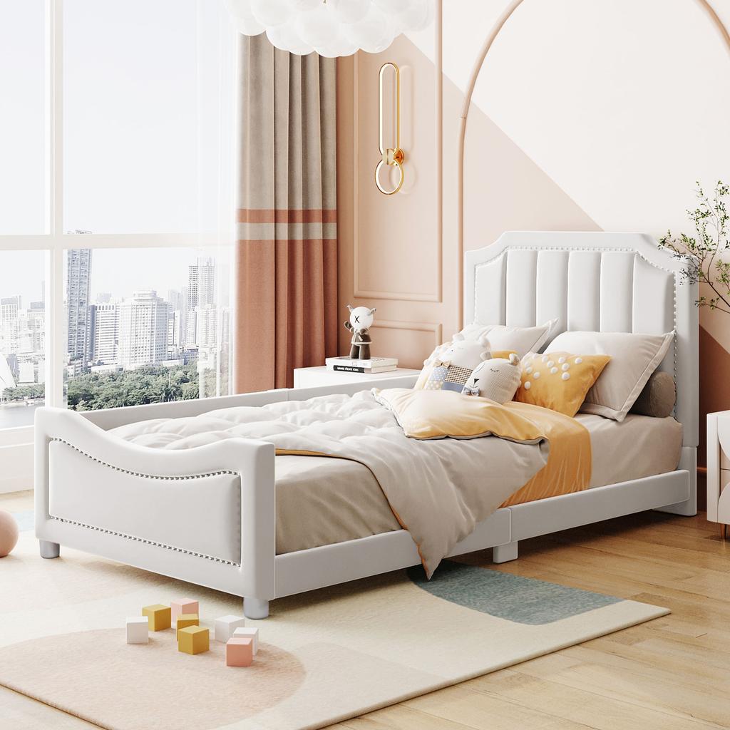 Kids' Bed Upholstered Bed 90*200cm Sleeper Sofa Bed Frame Flannel Multifunctional Soft Bed with Backrest Armrest Parent-Child Youth Guest Bed Beige