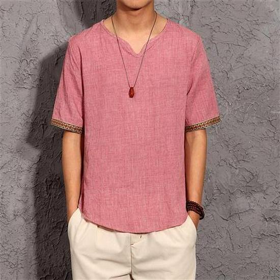 Мужская летняя корейская футболка из хлопка и льна с V-образным вырезом и коротким рукавом — дышащая, универсальная, модная, с коротким рукавом для больших размеров