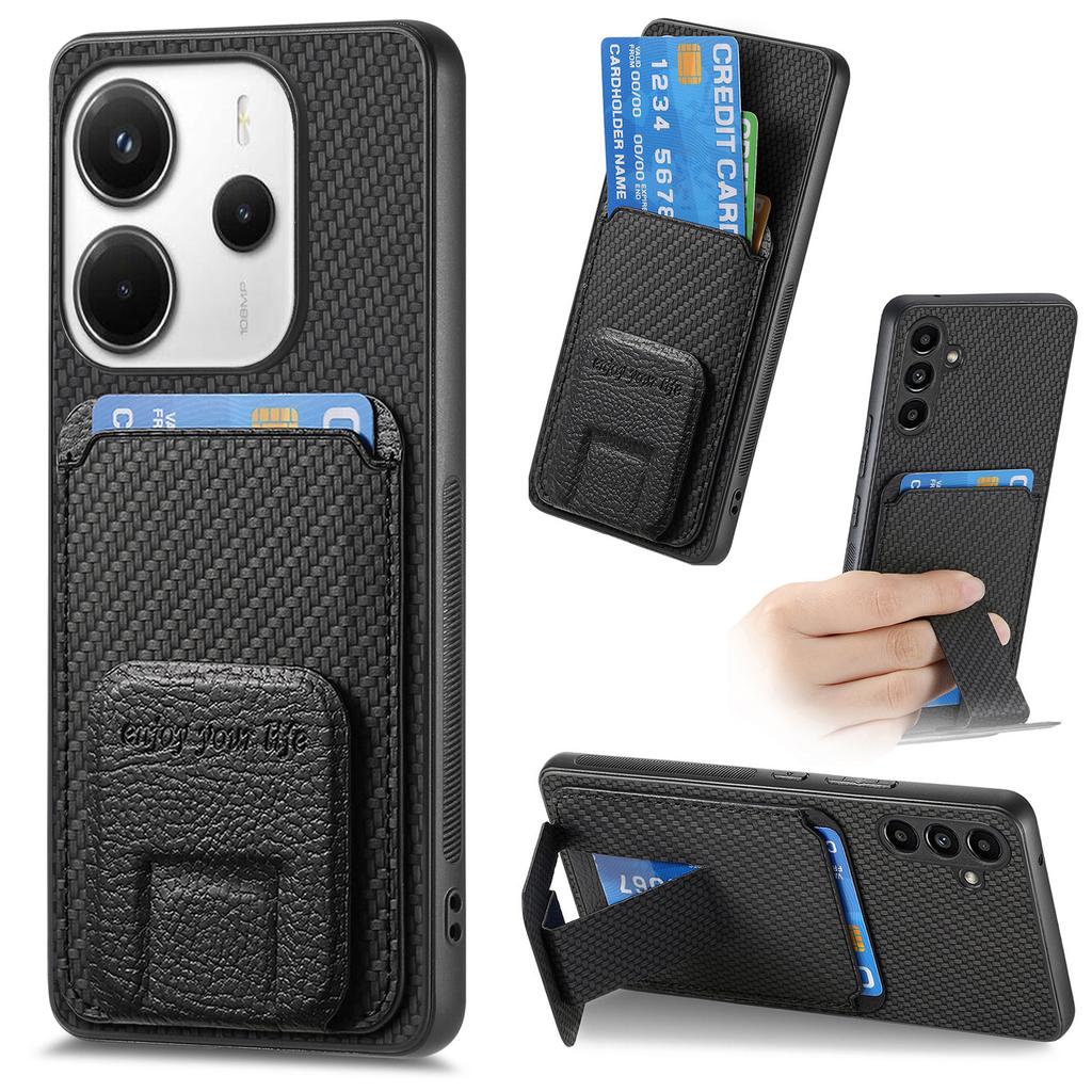 For Xiaomi Redmi Note 14 5G Case Card Holder Carbon Fiber Texture Leather Coated TPU Phone Cover