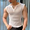 Summer Men V Neck Sleeveless Fishnet Hollow Out Plaid Tank Tops