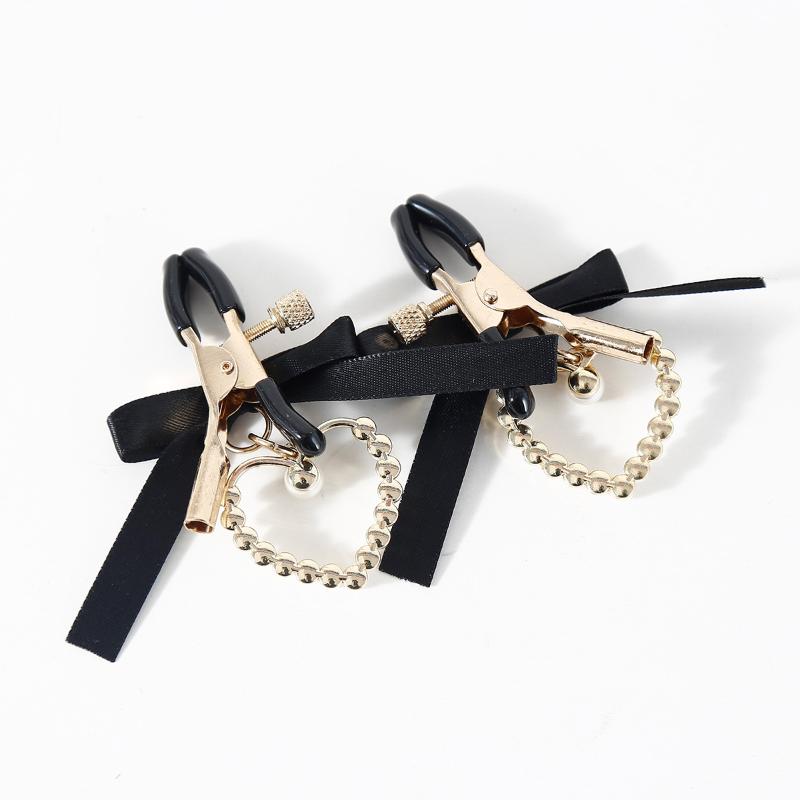 portableAdjustable Nipple Clamps Soft Non-Slip Tips Black Bow Pearl Pendant Lightweight for Travel Couple Use