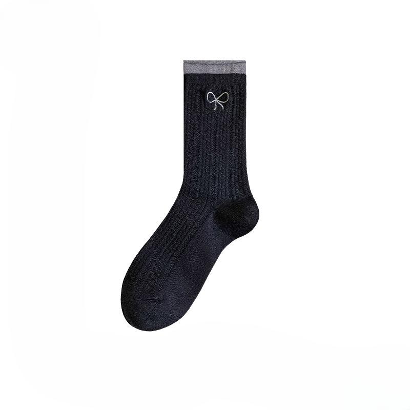 Женские осенне-зимние вышитые носки-гольфы с бантиком и закрученным краем, сочетающихся цветов, дышащие, впитывающие пот