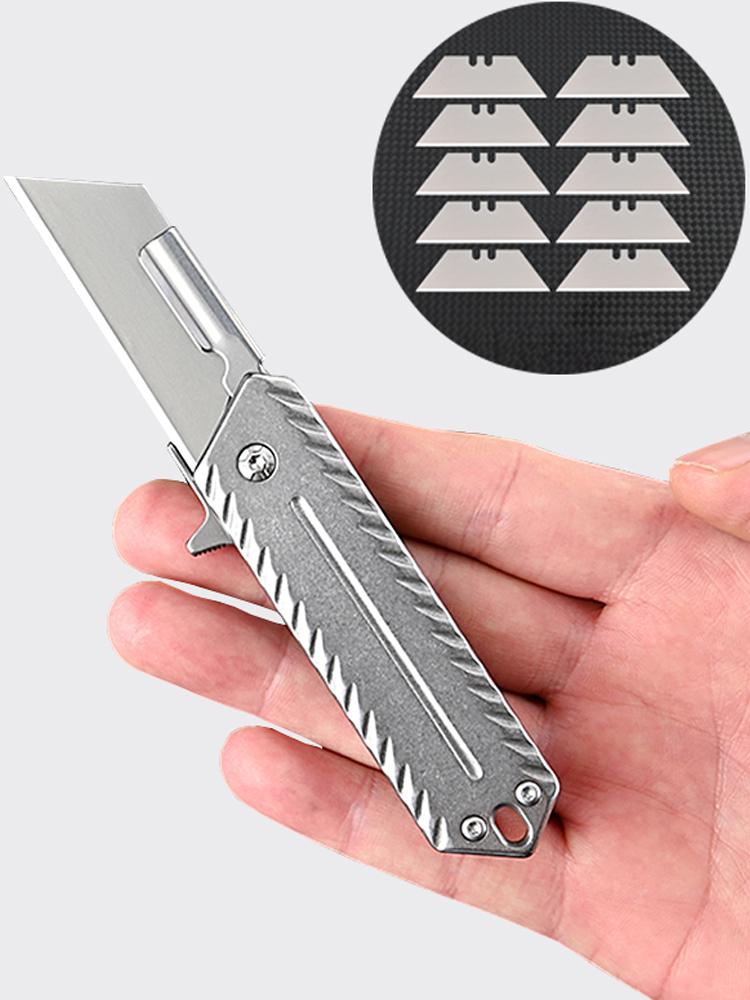 Stainless Steel Folding Knife Keychain Utility Knife Unpacking Cutter Outdoor Survival Pocket Knife With 10pcs Replacement Blade