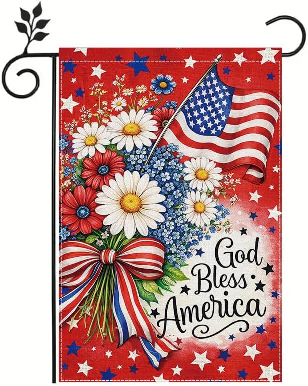 Патриотический садовый флаг God Bless America Наружный садовый флаг Американский флаг Цветок Букет Двусторонний Прочный Полиэст