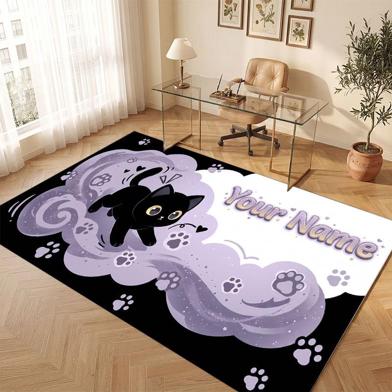 Cat Theme Crystal Velvet Floor Rug Personalized Custom Name Text Warm Carpet Home Decoration
