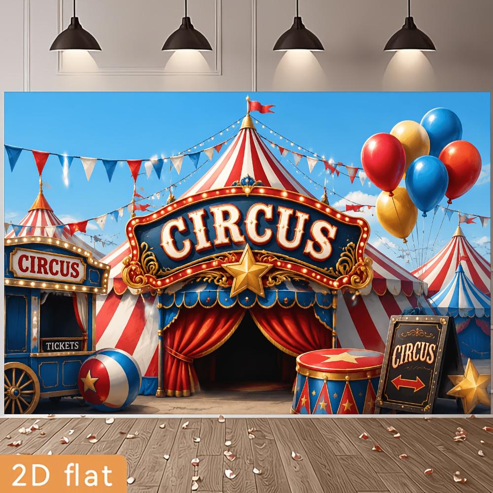 2D flat circus theme party banner background - classic red, blue and white circus tent scene, accompanied by colorful balloons