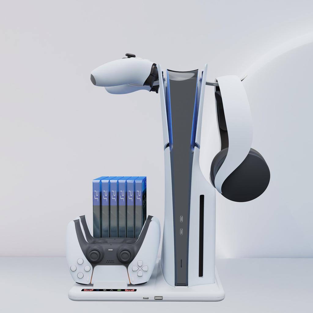 VAORLO Многофункциональная база для отвода тепла для PS5 Slim с двойной зарядкой контроллеров, хранилищем для дисков и подставкой для наушников