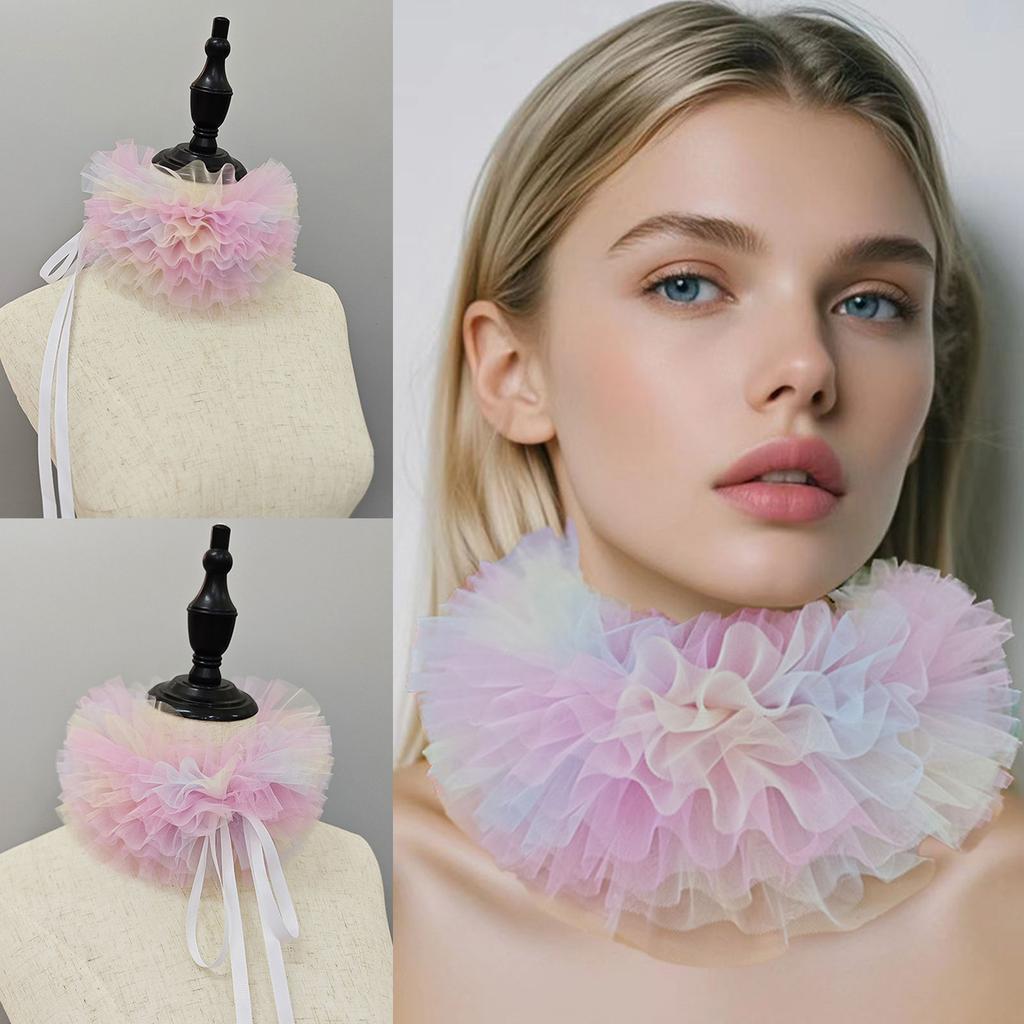 Women Colorful Mesh Layering Ruffled False Collar Ties Up Chokers Shawl Wrap Renaissances Small Neck Ruff Necklace Scarf