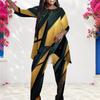 Women Plus Size Round Neck Long Sleeve Blue Black Printed Layered Top Long Pants Two Piece Set