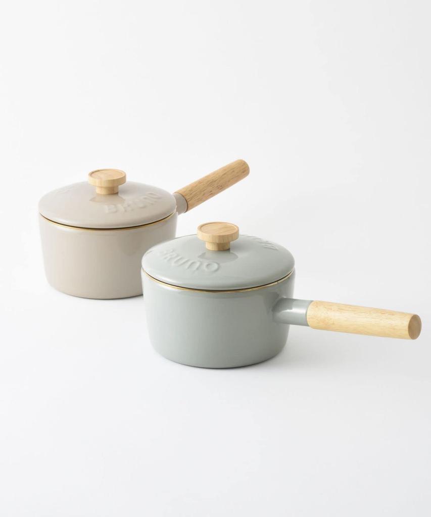 BRUNO Enamel 16cm Saucepan with Lid, Natural Wood Grain, Greige, Compatible with Induction Cooking, Direct Heat, and Gas, Collaboration with Fuji