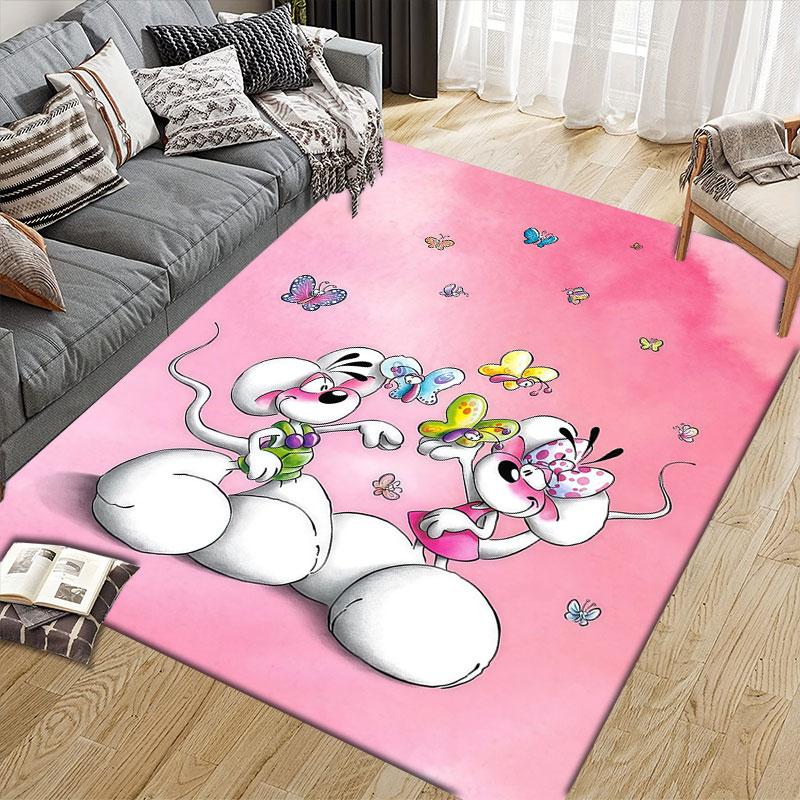 Diddl Flannel Printed Carpet, Home Sofa Decoration for Living Room & Bedroom, Non‑Slip Play Flannel Floor Mat for Game Room