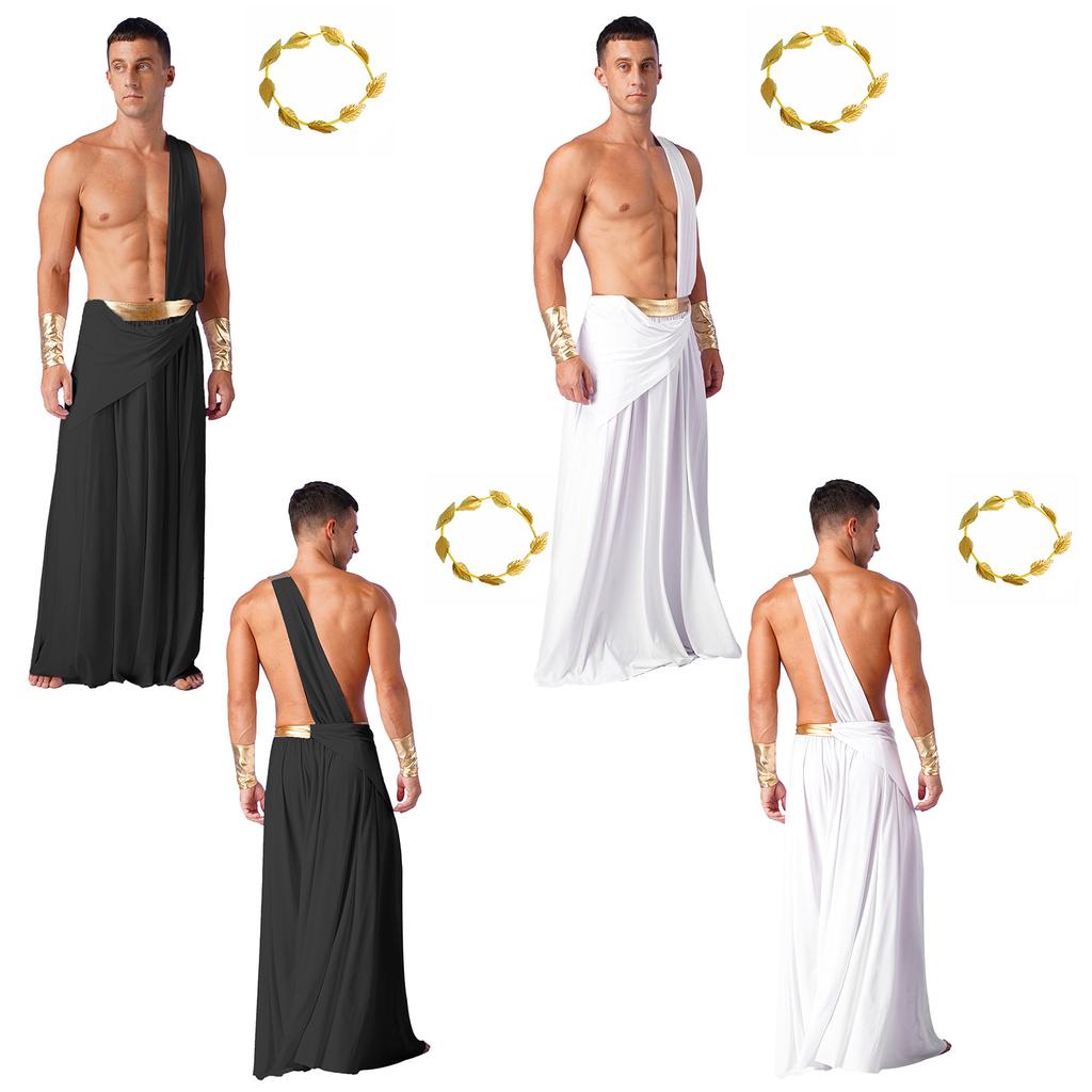 Mens Ancient Greek Costume Long Skirt Toga Set Wristbands Gold Leaf Headwear Halloween Cosplay Party Outfit