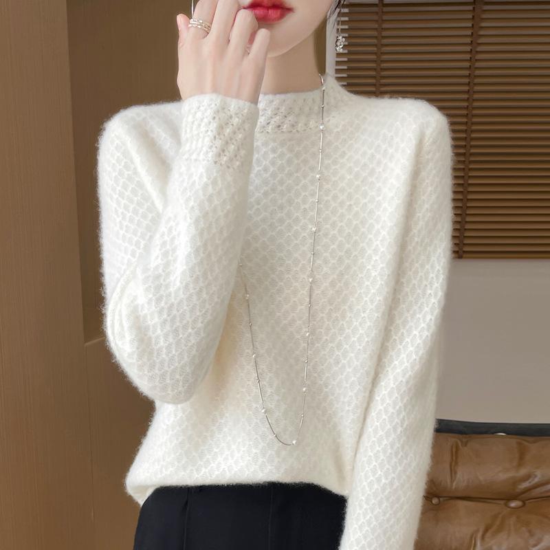 Autumn and winter pure wool seven-needle thickened semi-turtleneck knitted sweater long-sleeved women's honeycomb jacquard bottoming shirt