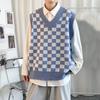 Свитер в студенческом стиле без рукавов с v-образным вырезом и ребристой отделкой, осенне-зимний клетчатый лоскутный цветной мужской вязаный жилет