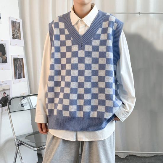 Свитер в студенческом стиле без рукавов с v-образным вырезом и ребристой отделкой, осенне-зимний клетчатый лоскутный цветной мужской вязаный жилет