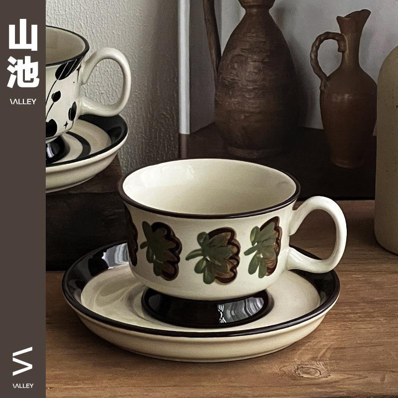 Hand Painted Latte Coffee Cup Saucer Retro Brown Flower Afternoon Teacup Set Antique Ceramic Cup High-End Water Cup