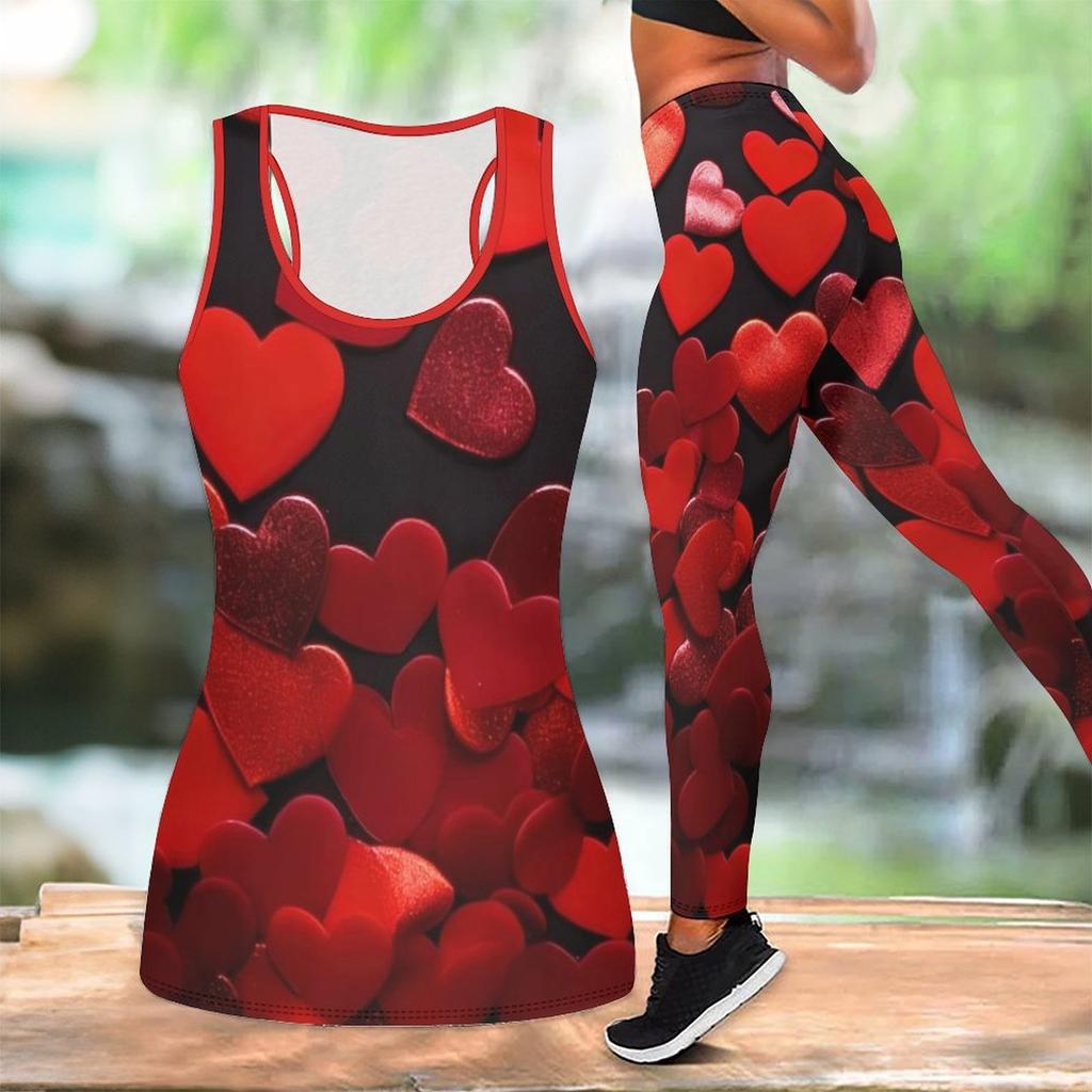 Комплект для йоги с принтом в виде сердечек для женщин, модные леггинсы для тренировок, фитнес, спорт, повседневный набор для йоги, спортивный костюм, эксклюзив ко Дню святого Валентина