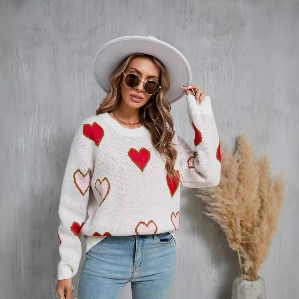 Зимний женский свитер Love Valentine's Day Pullover Heart Color Clash Sweater