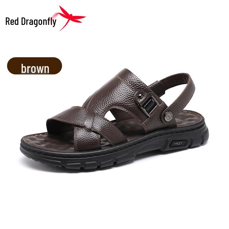 Мужские летние сандалии Red Dragonfly из натуральной кожи, нескользящие - Мягкая подошва, износостойкие, подходят для вождения, стиль "Папа и Старик".