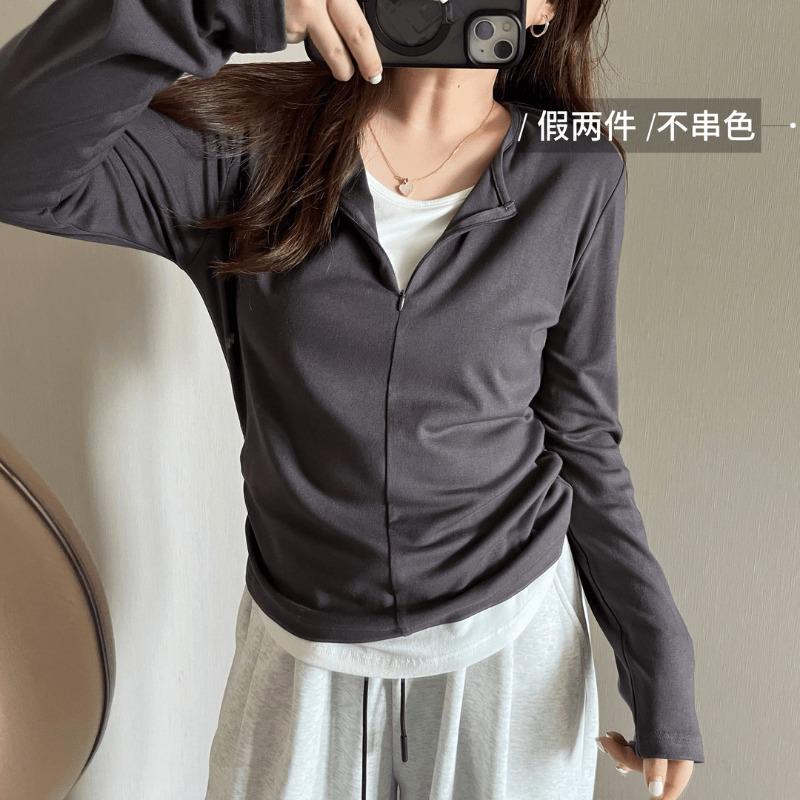 Женский топ с полумолнией, имитация двух частей, весенний, бордовый, с контрастной вставкой, с длинным рукавом, базовый