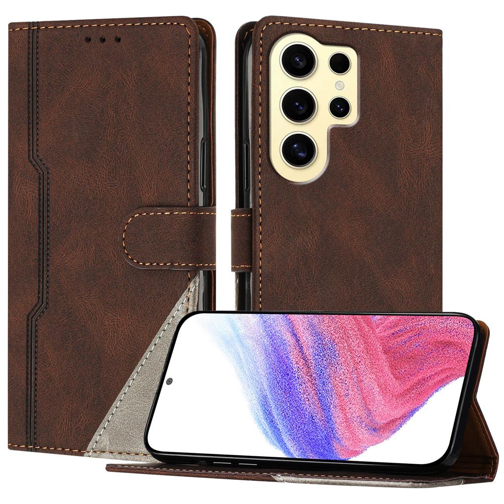 For Samsung Galaxy S24 Ultra Leather Case Triangle Patchwork Wallet Stand Shockproof Phone Cover
