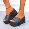 Fashion Sequined High-heeled One-word Slippers Women Summer Outer Wear Platform Beach Comfort Sandals On Offer 2024