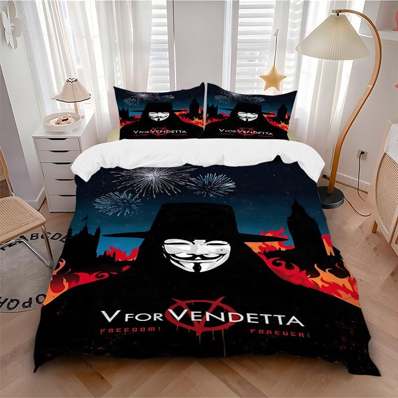 3pcs V for Vendetta Bedding Set, Soft Polyester Duvet Cover and Pillowcases Machine Washable Seasons all suitable & Guest Room Decor220