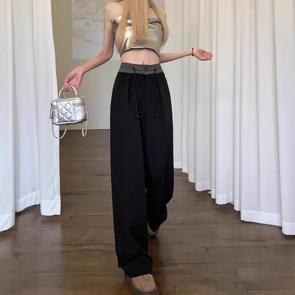 Серые брюки от костюма для женщин на лето Новые контрастные брюки с драпировкой на кулиске Свободные повседневные брюки с высокой талией и широкими штанинами