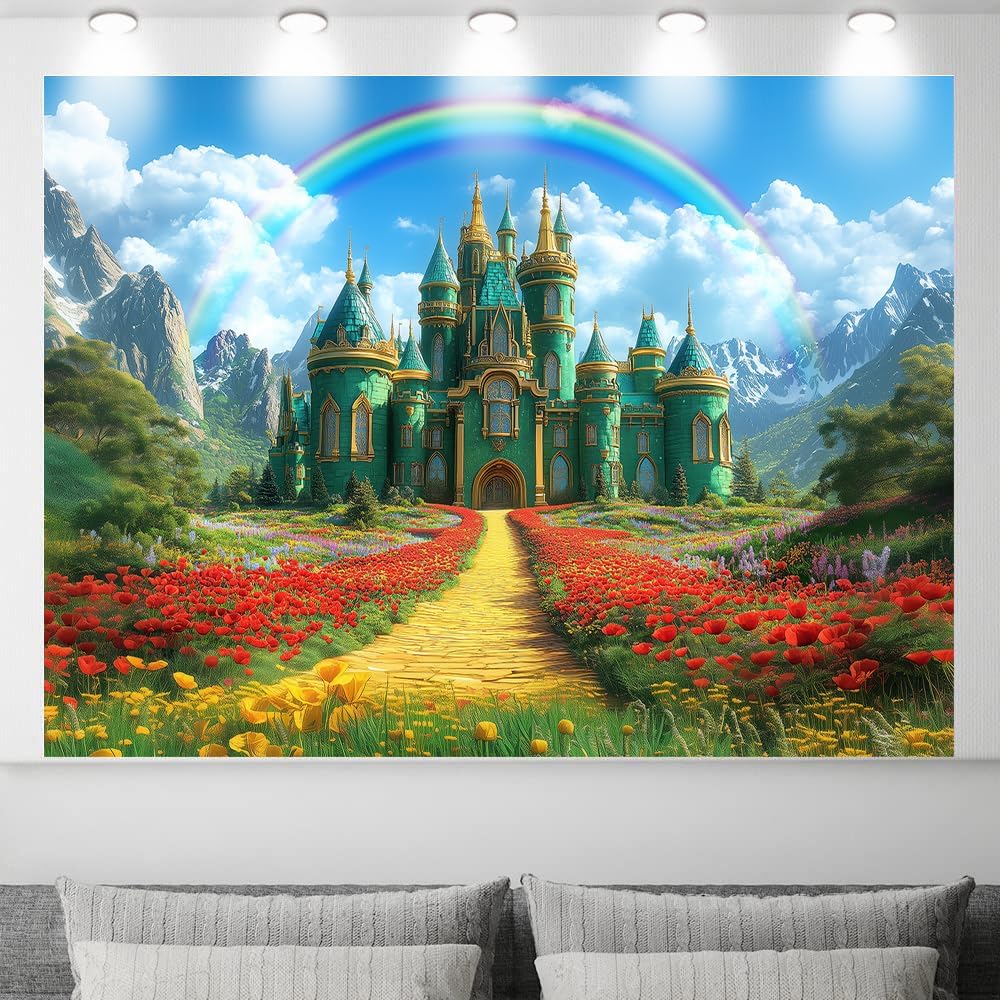 Emerald Castle Backdrop Green Castle Spring Fairy Castle Rainbow Background Party Decorations Portrait Photo Booth Props Banner