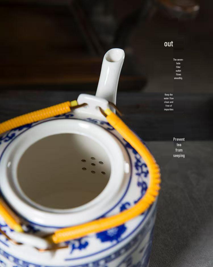 Blue & White Large Capacity Ceramic Teapot - High Temp Resistant, Retro Style, Single Large Size, Ideal for Water Brewing.