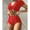 Lace Up Short Sleeve High Waist Bikini Female Swimsuit Women Swimwear Two-pieces Bikini Set Bather Bathing Suit