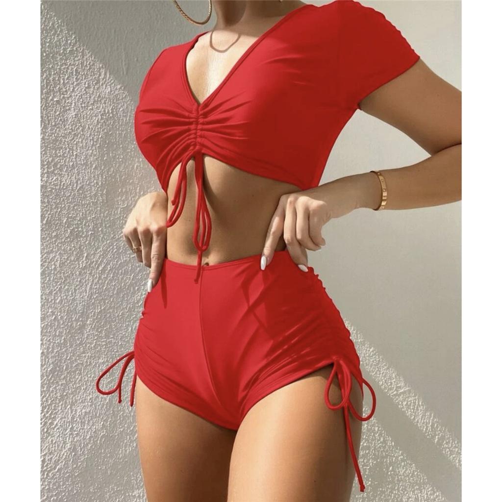 Lace Up Short Sleeve High Waist Bikini Female Swimsuit Women Swimwear Two-pieces Bikini Set Bather Bathing Suit