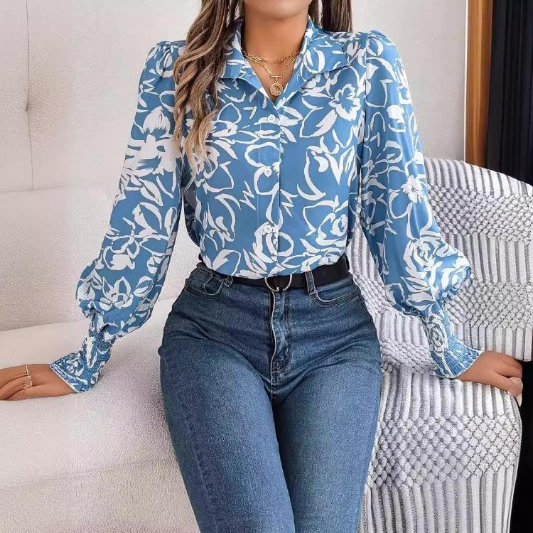Элегантная женская блузка с цветочным принтом, V-образным вырезом и длинными рукавами для весенне-осеннего сезона