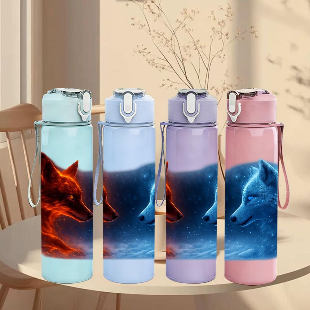 1PC Dual Tone Red Blue Fox Animal Print 750ml Color Plastic Sports Water Bottle Leakproof Flip Straw Lid Suitable for Sports Office Home Use